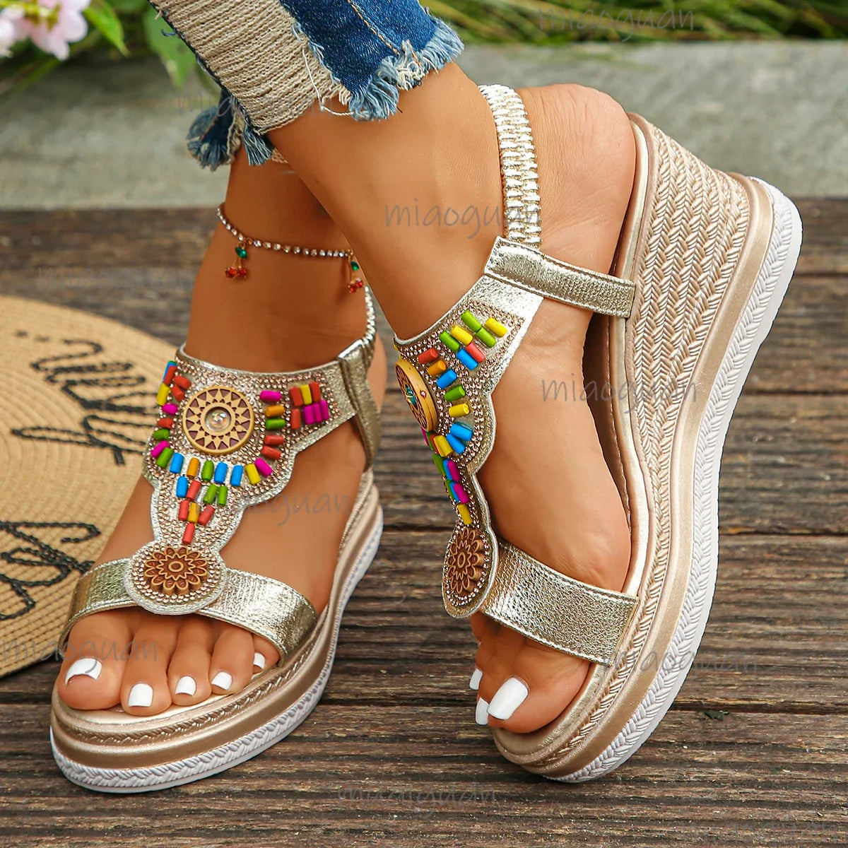 Women's Bohemian Wedge Sandals – Colorful Bead Beach Shoes