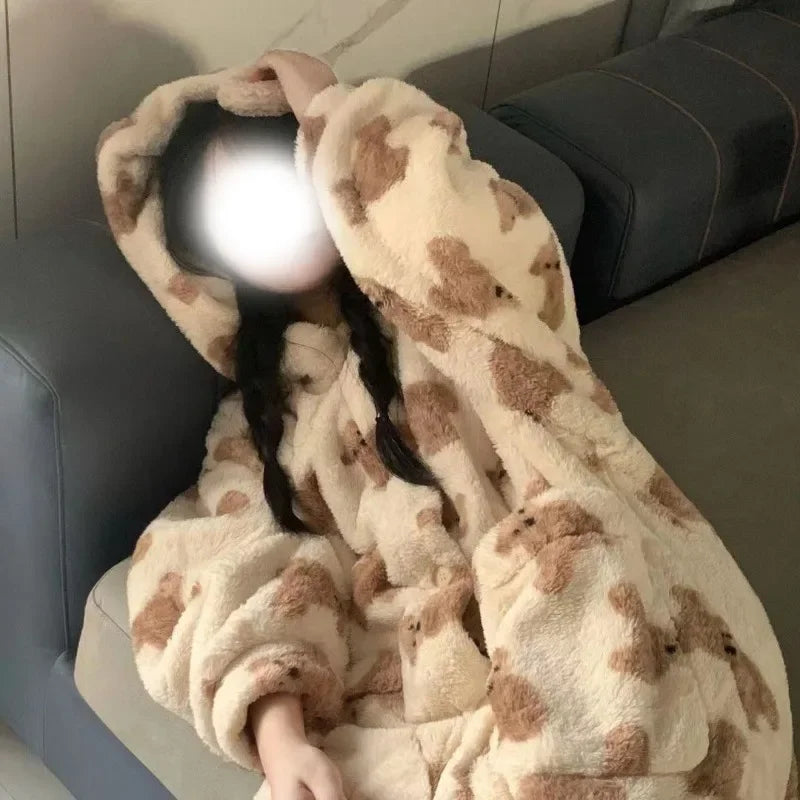 Women's Hooded Flannel Pyjama Set – Cute Bear Fluffy Robe