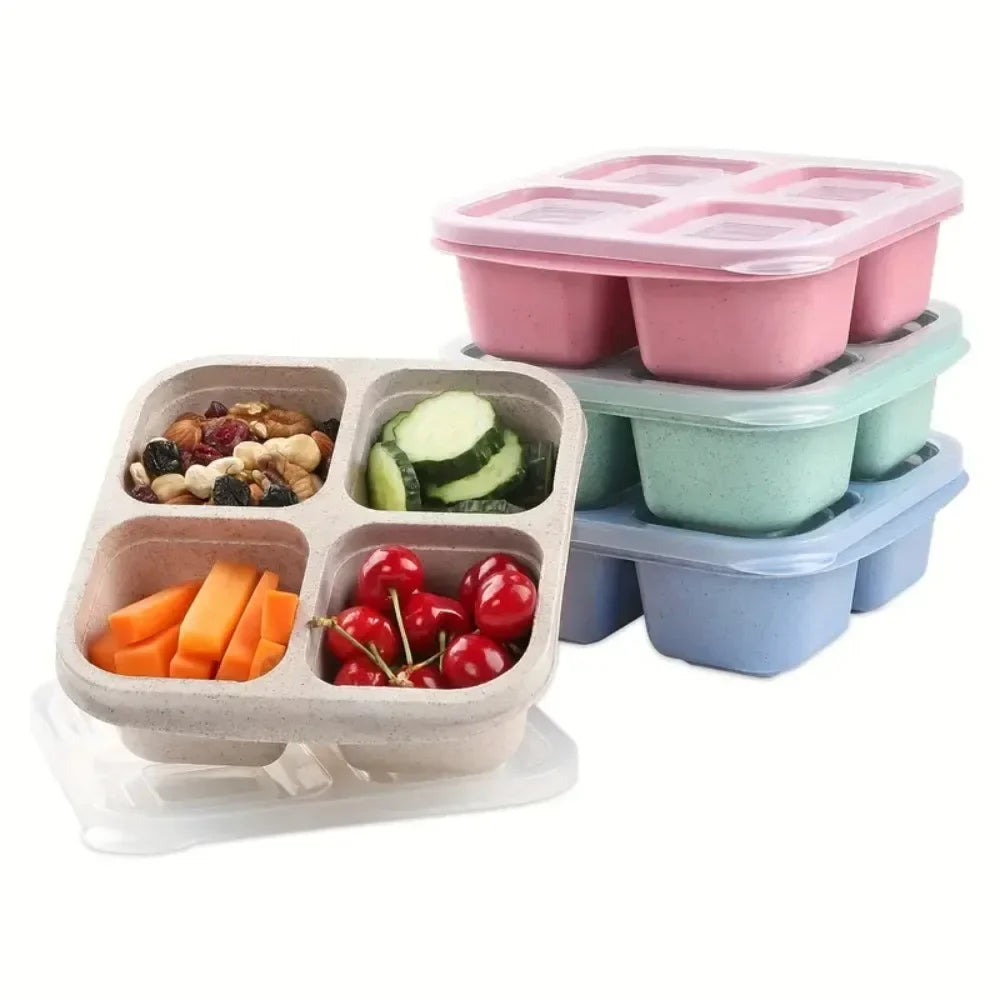 4 Grid Snack Containers Reusable Meal Prep Lunch Portable Kids Adults