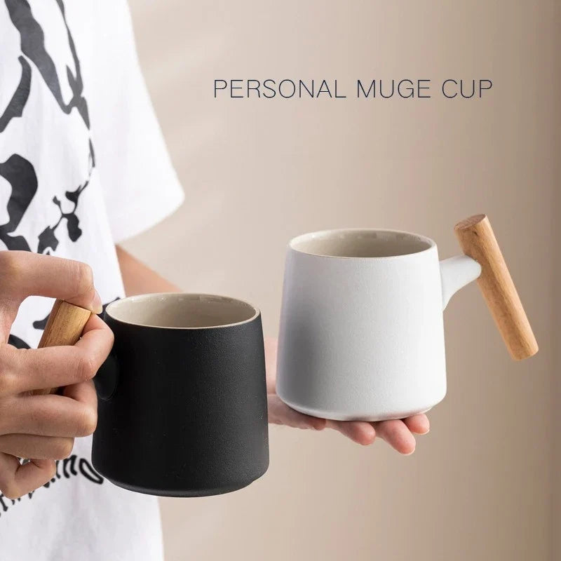 Office Wooden Handle Mug Japanese-style Ceramic Tea Cup Frosted Water