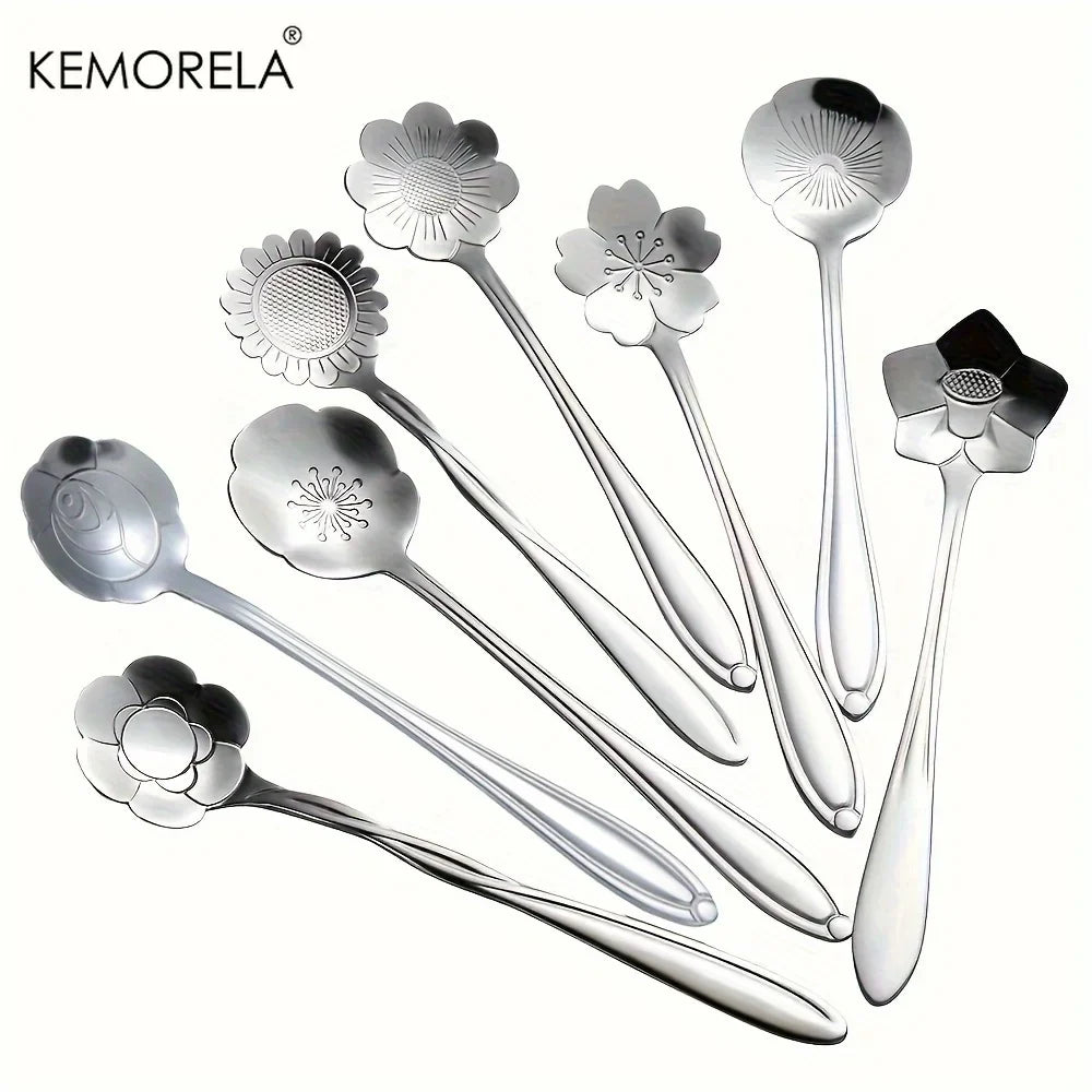8-Piece Golden Flower Mini Spoon Set – Stainless Steel Dessert