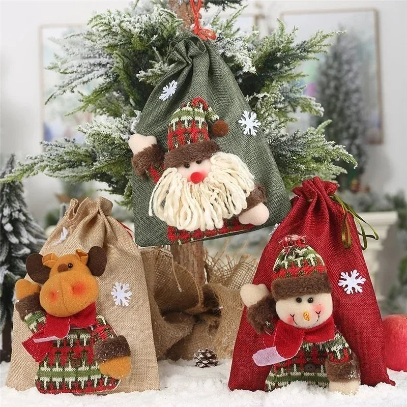 Linen Drawstring Christmas Gift Bags | Holiday Candy Bags