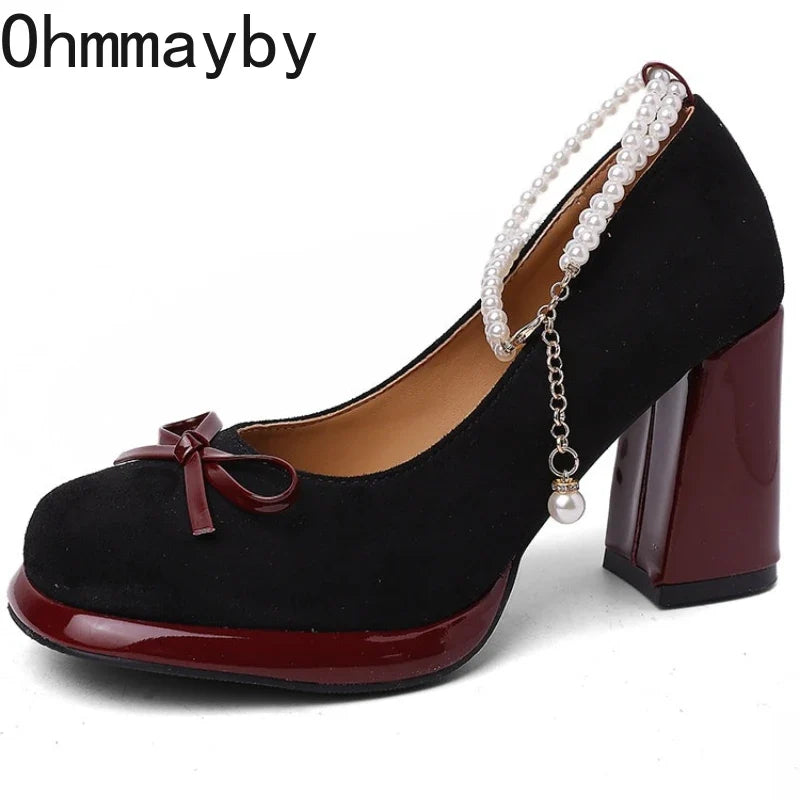 Women's Pearl Buckle Mary Jane Platform Pumps Butterfly-Knot