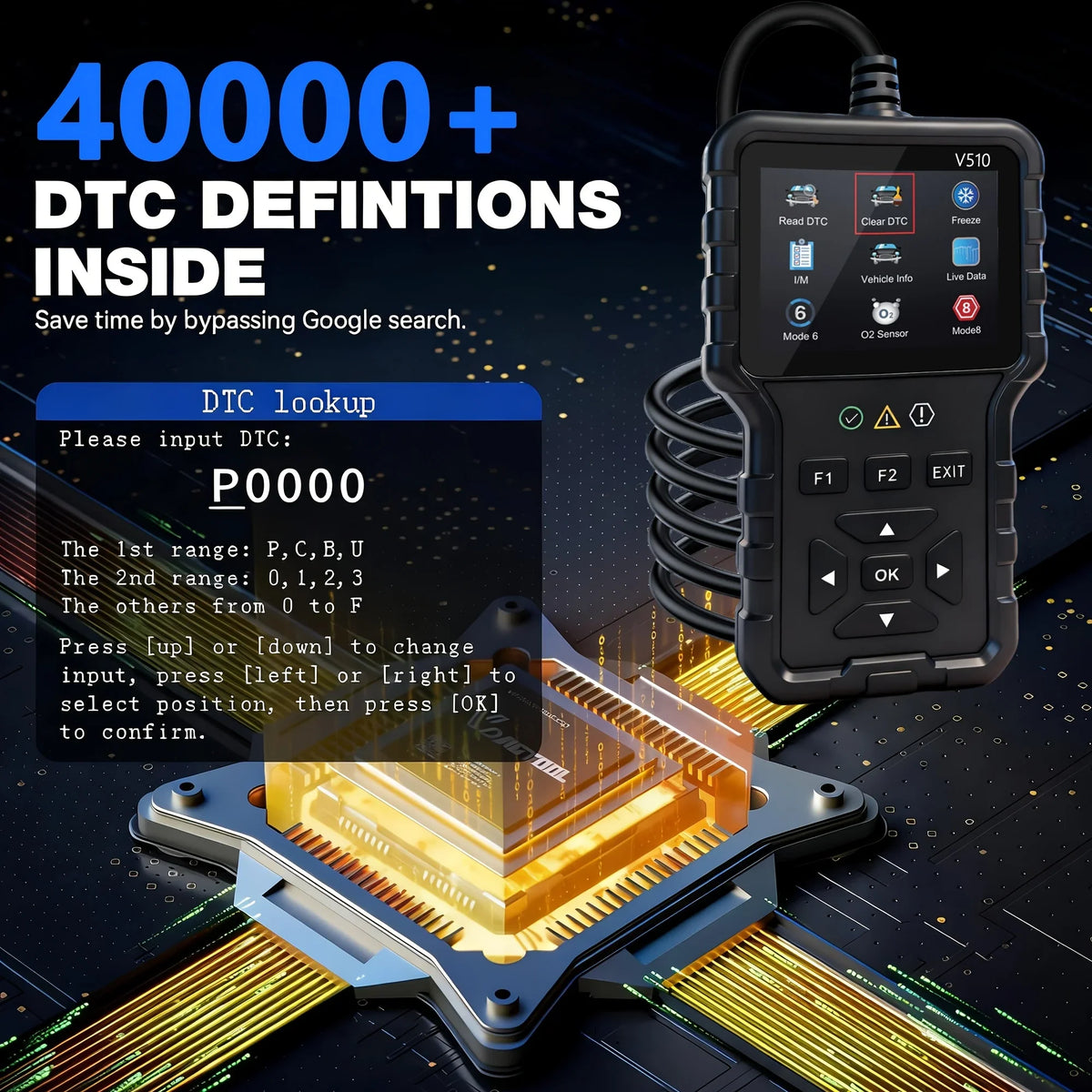 V510 OBD2 Scanner – Engine Code Reader & Battery Tester
