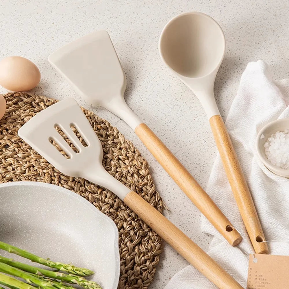 Silicone Kitchen Utensil Set – Wooden Handle Cooking Tools