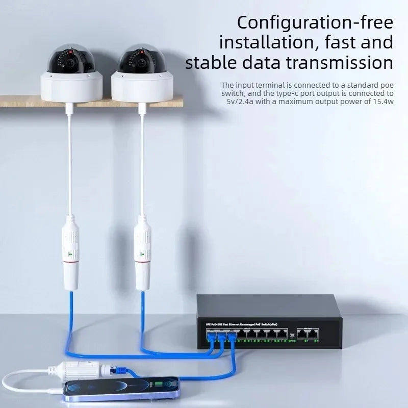 PoE to USB-C Converter – RJ45 5V/2A Type-C Output IEEE802.3af/at