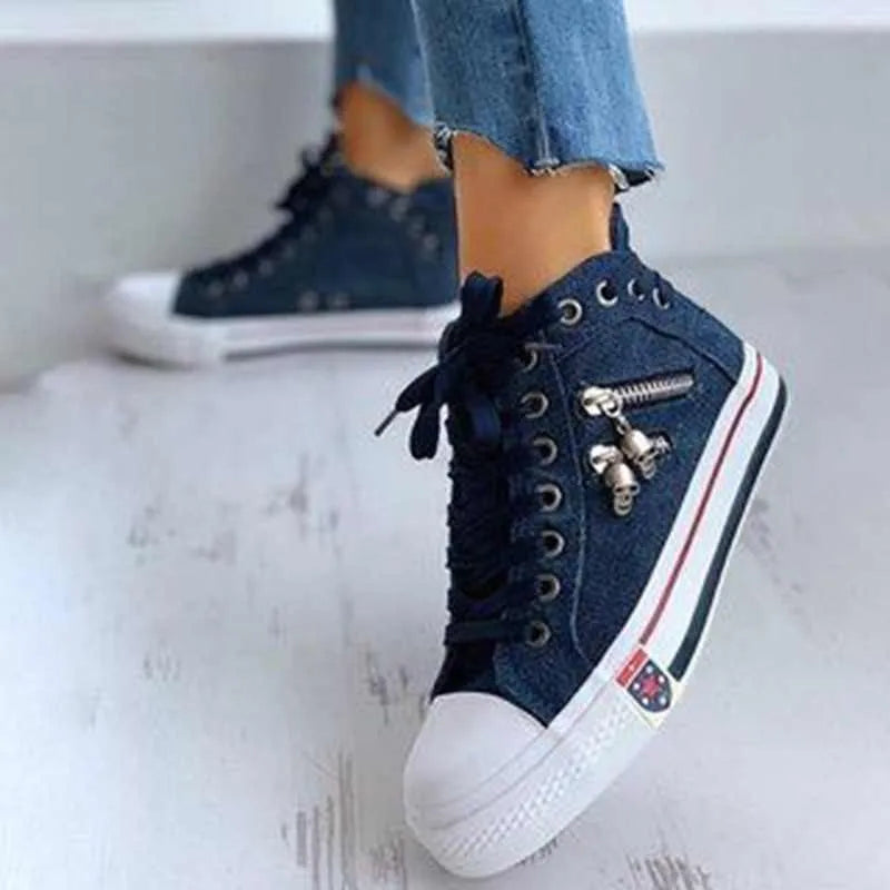 Women's High Top Denim Canvas Sneakers – Lace-Up Flat Shoes