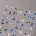 Blueberry Floral Nail Stickers | Blue White Bow Manicure Decals