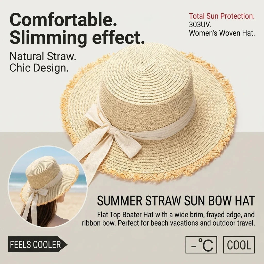 Women's Wide Brim Raffia Straw Sun Hat with Bow | Beach Hat