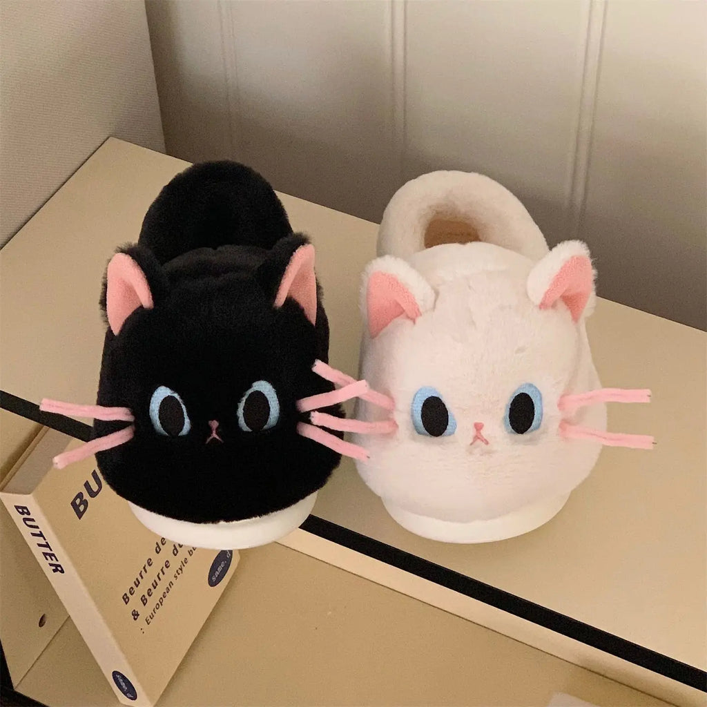 Women's Black Cat Fluffy Plush Slippers | Faux Fur Mules