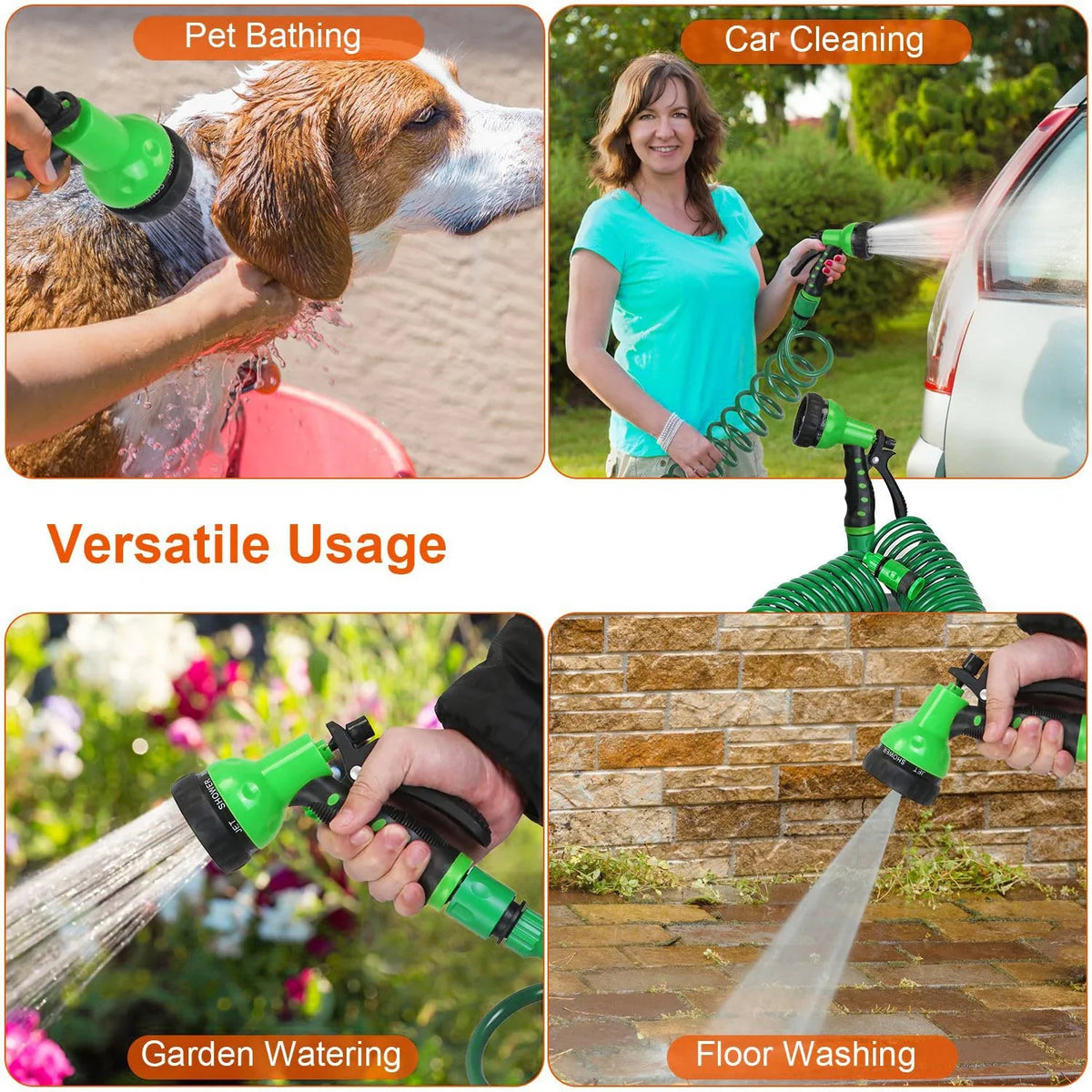 Garden Hose with 8-Pattern Nozzle Sprinkler – Spring Coil