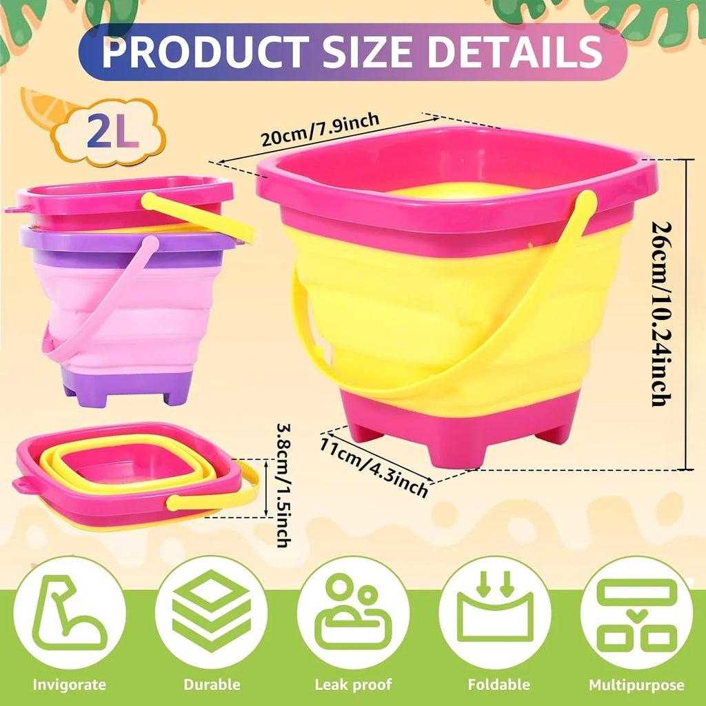 Foldable Silicone Beach Buckets for Kids – 3-Pack Collapsible