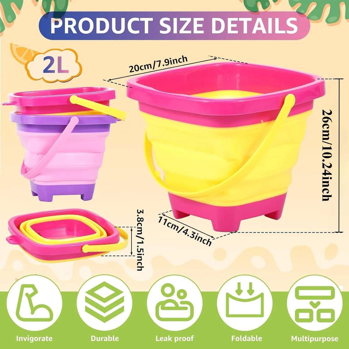 Foldable Silicone Beach Buckets for Kids – 3-Pack Collapsible