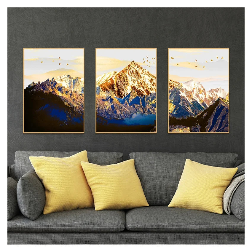 Nordic Snow Mountain Golden Abstract Canvas Wall Art Print Poster