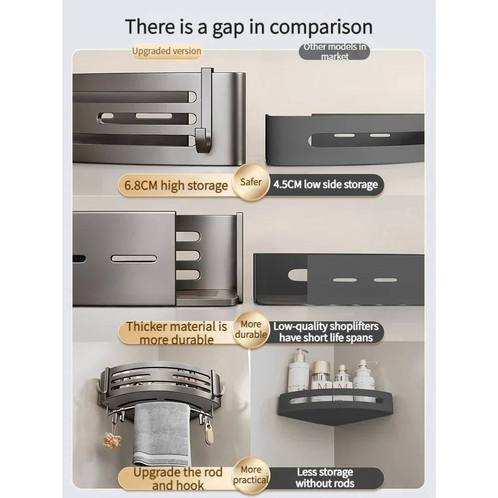 No-Drill Adhesive Bathroom Shelf & Towel Rack | Metal Wall Mount
