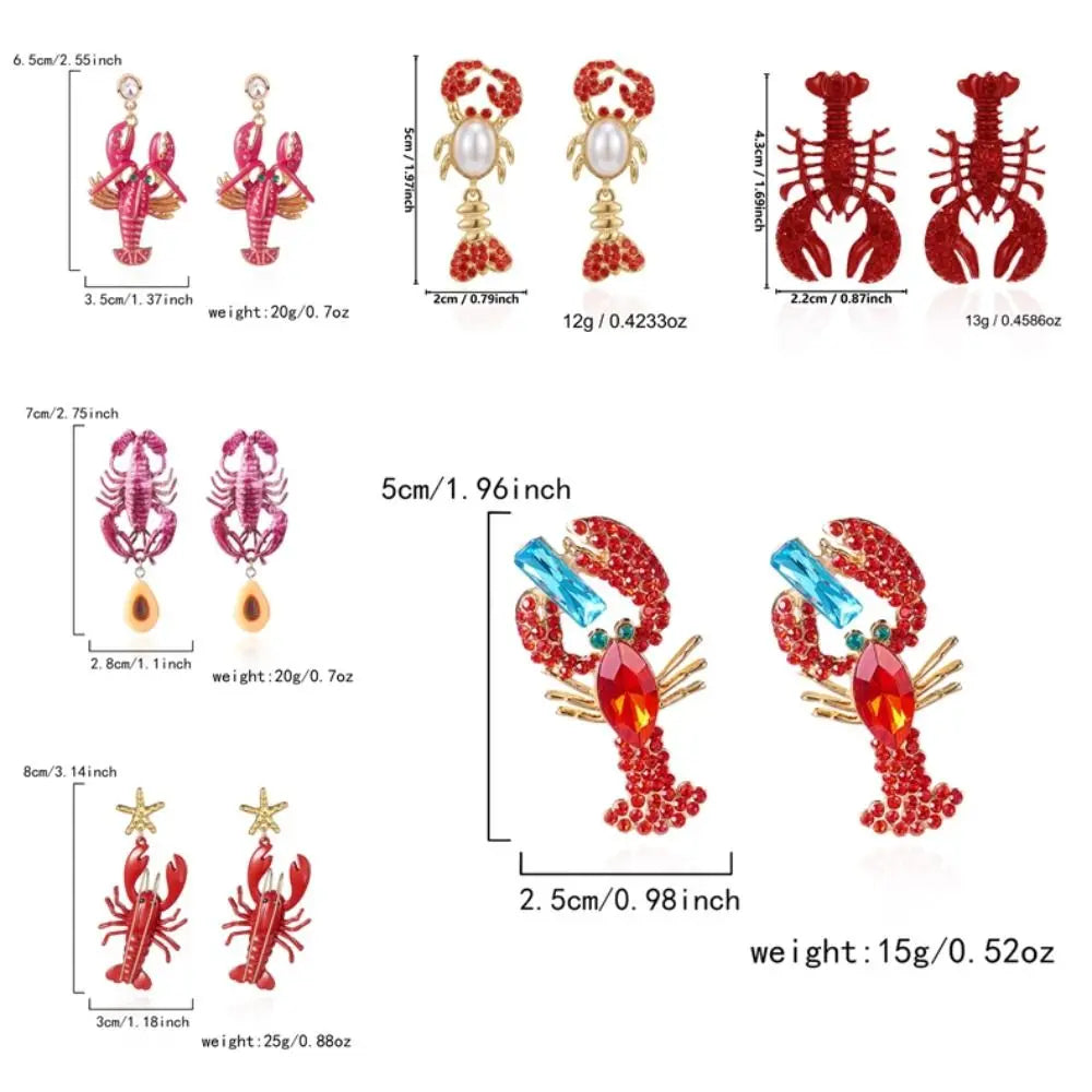 Lobster Drop Earrings – Enamel & Crystal Zircon Ocean Jewelry
