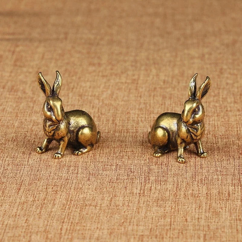 Antique Copper Zodiac Rabbit Statues – Brass Miniature Figurine Pair