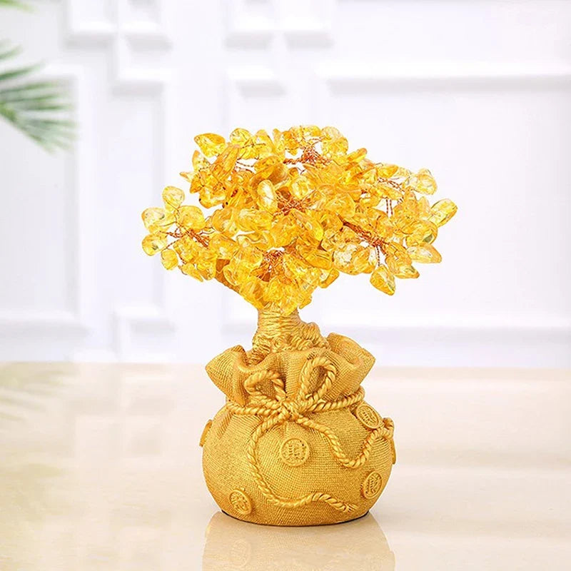 Yellow Crystal Money Tree Feng Shui Wealth Bonsai Ornament