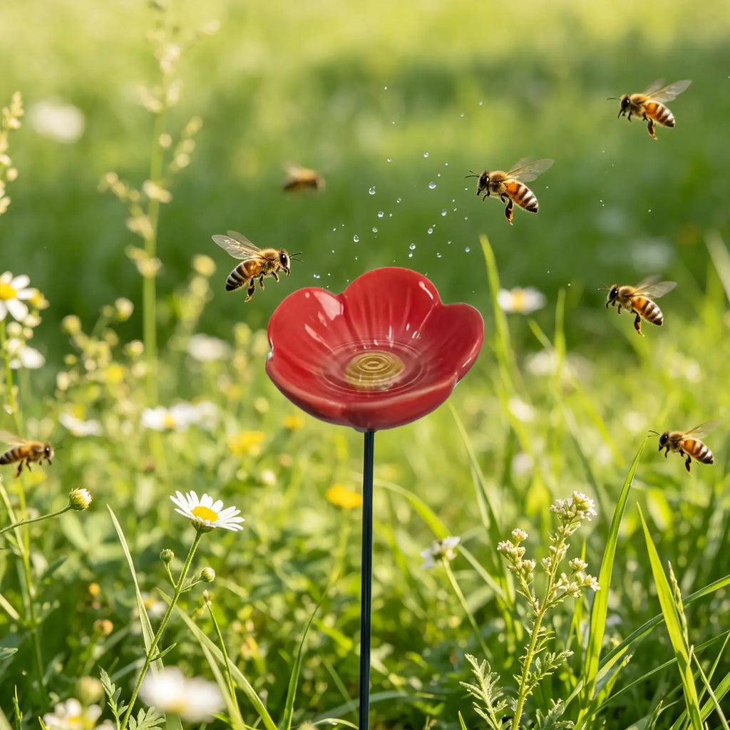 Ceramic Flower Bee Watering Station Garden Stake | Bird Bath