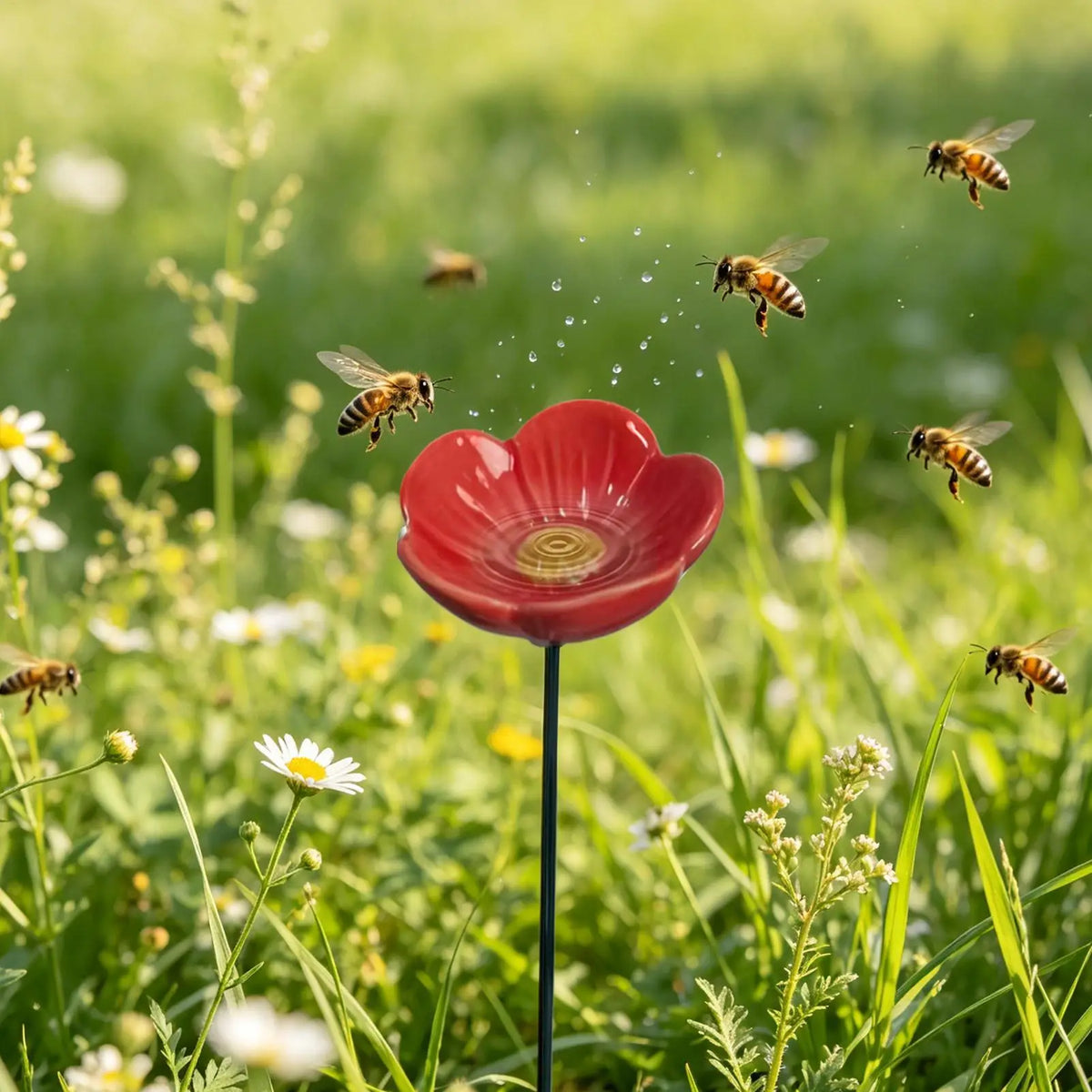Ceramic Flower Bee Watering Station Garden Stake | Bird Bath