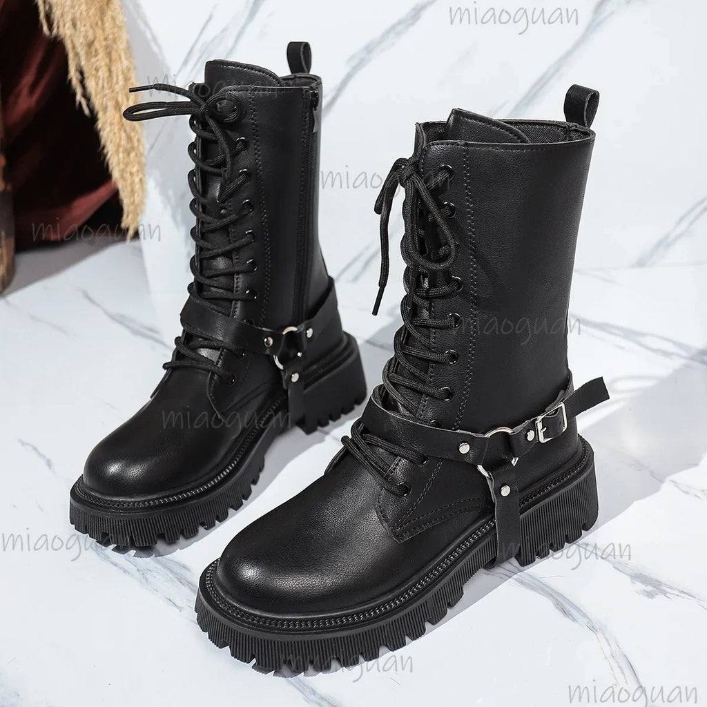 Women's Punk Mid-Calf Motorcycle Boots – Belt Buckle Zipper