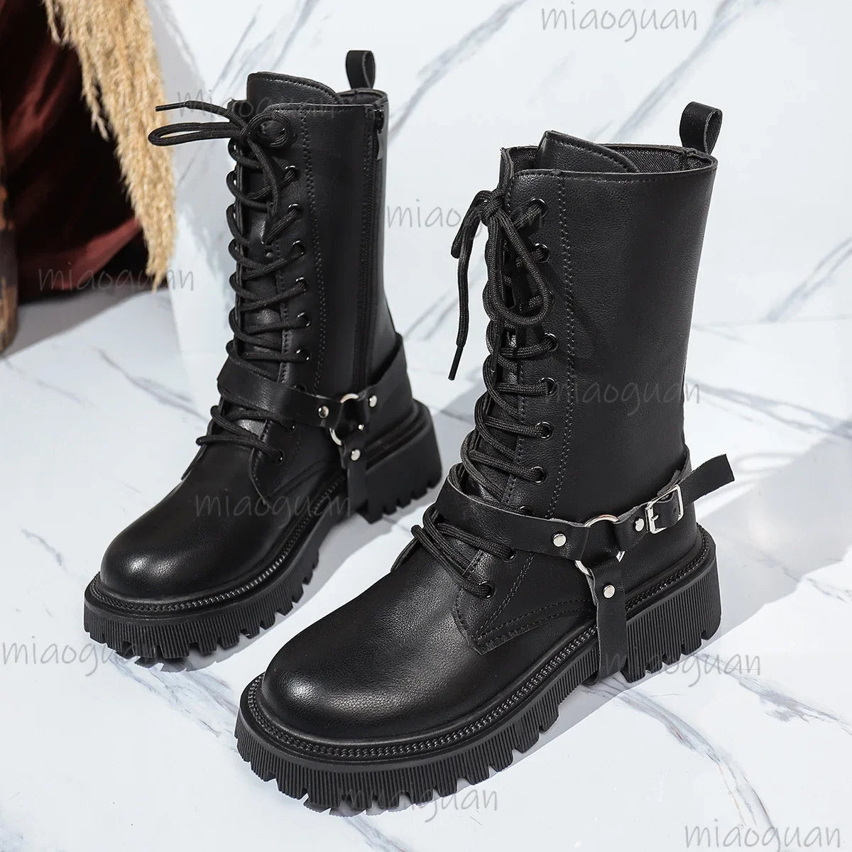 Women's Punk Mid-Calf Motorcycle Boots – Belt Buckle Zipper