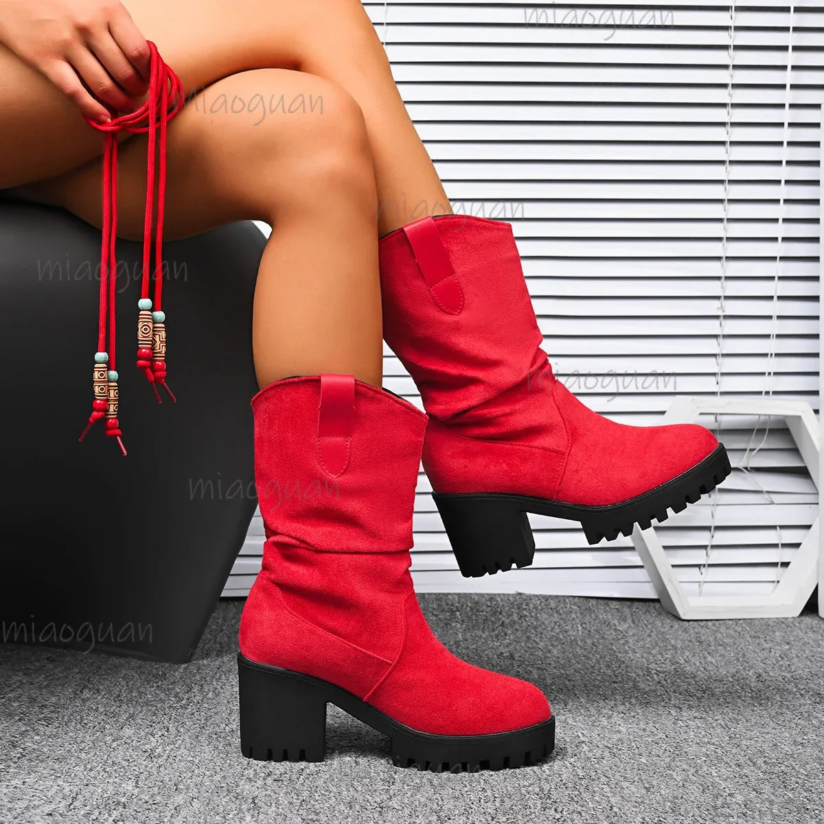 Women's Faux Suede Mid-Calf Boots – Chunky Heel Slip-On