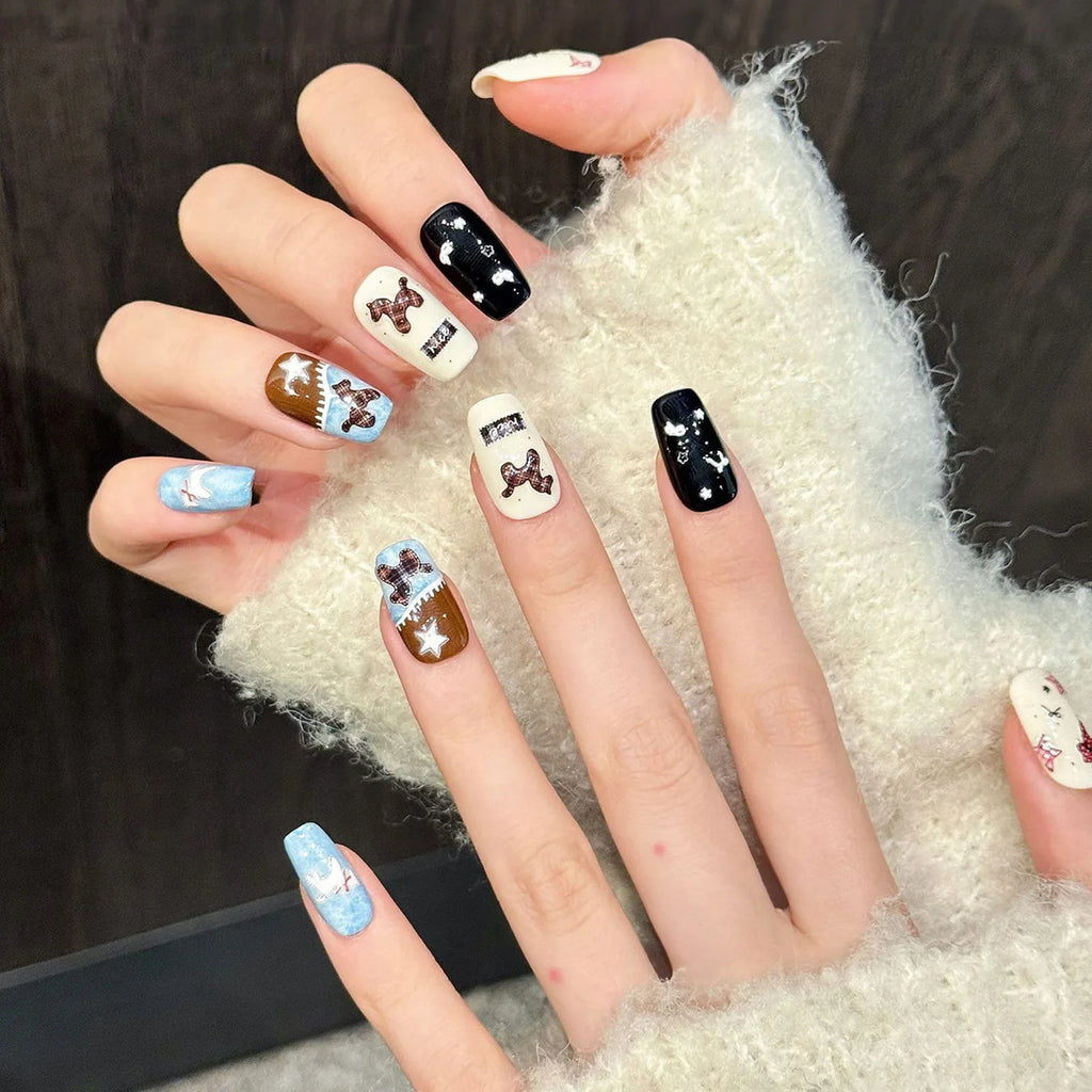 Y2K Glitter Stars & Bow Press On Nails | Korean Ballet Style 10pc