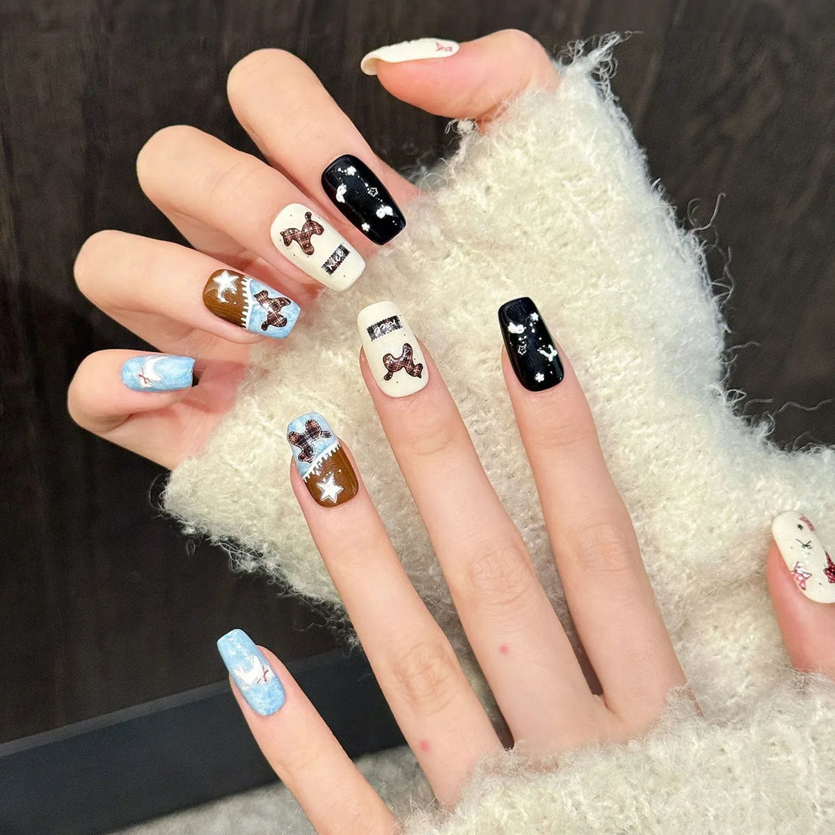 Y2K Glitter Stars & Bow Press On Nails | Korean Ballet Style 10pc