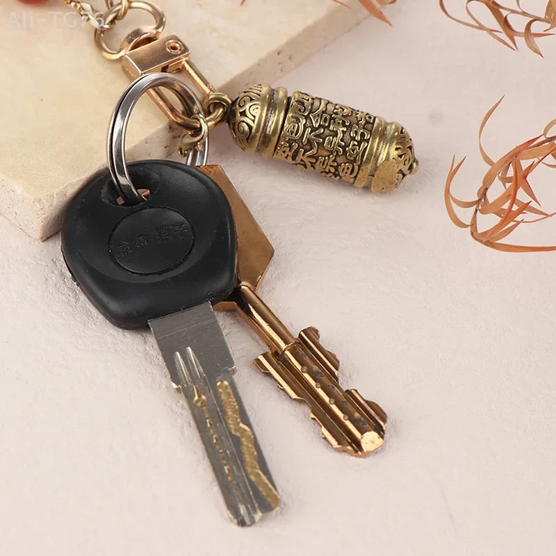 Handmade Hollow Brass Buddha Sutra Cylinder Keychain Pendant