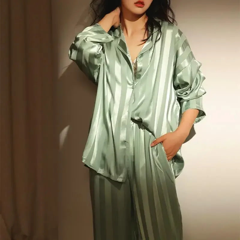 Women's Ice Silk Striped Pajama Set – Long Sleeve Sleepwear