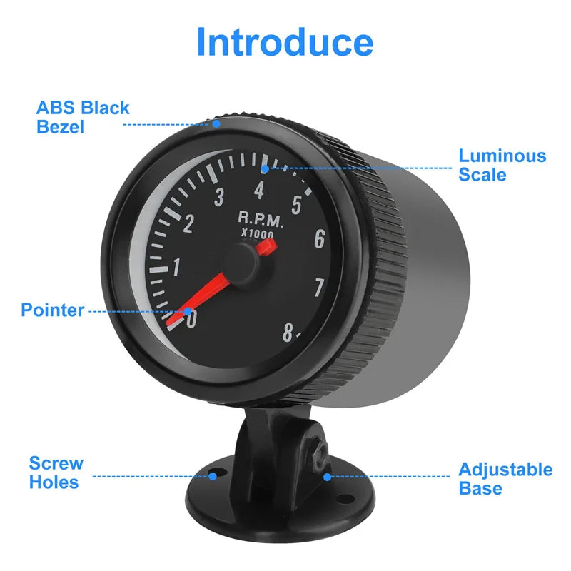 52mm Analog Tachometer RPM Gauge 0–8000 RPM White LED | Petrol Car