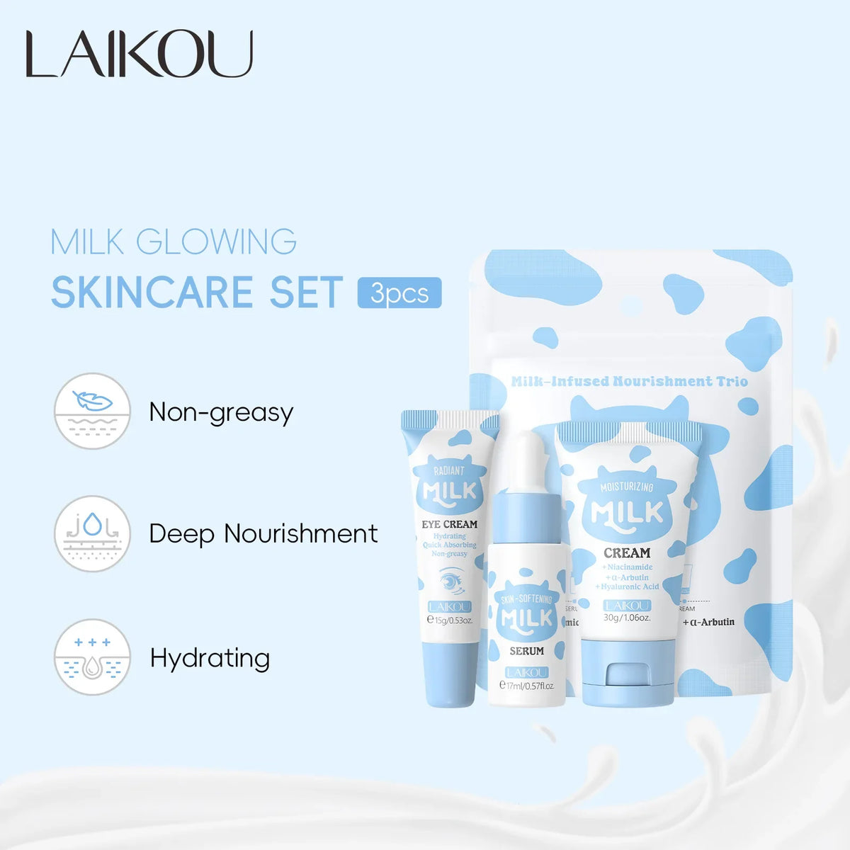 LAIKOU Milk 3-Piece Travel Skincare Set – Serum, Eye Cream & Cream