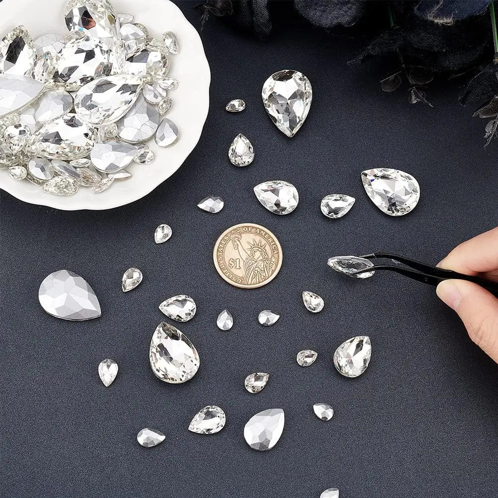 94 Pcs Teardrop Glass Rhinestones – 6 Sizes, Pointed Back Gems
