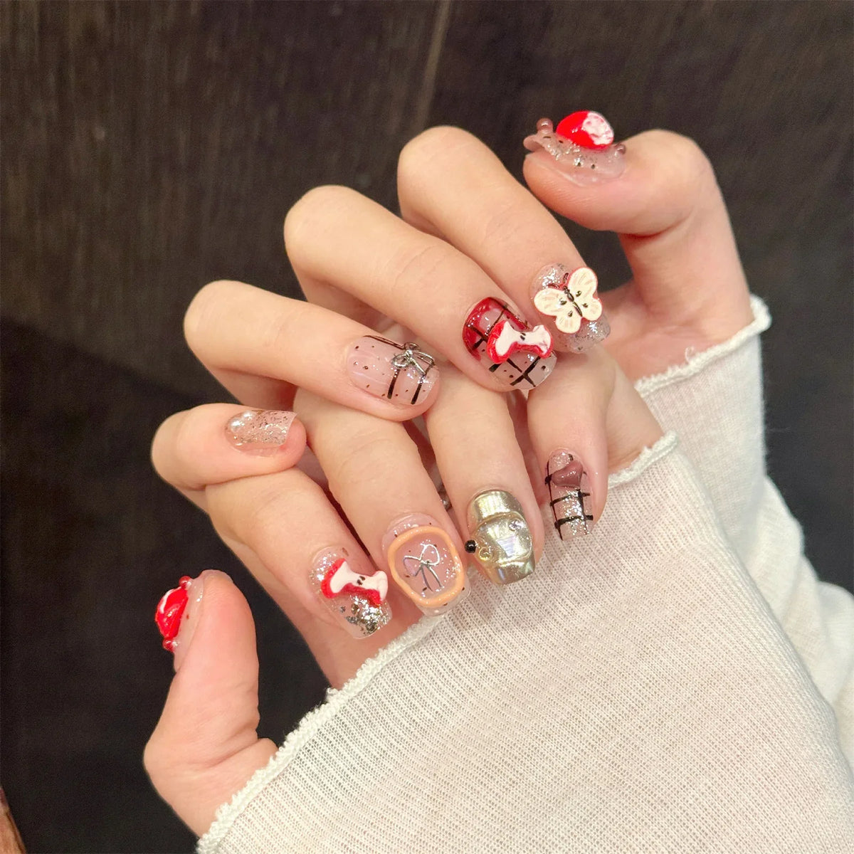 Christmas Press On Nails | 3D Bow Sequin Handmade Fake Nails 10pc