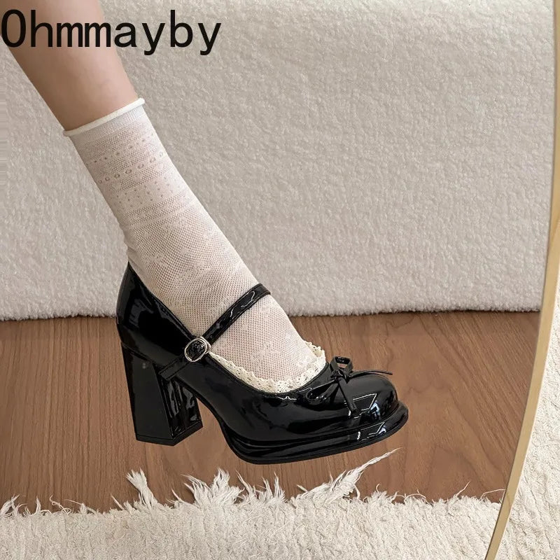 Butterfly-Knot Mary Jane Chunky Heel Pumps | Women's Dress Shoes