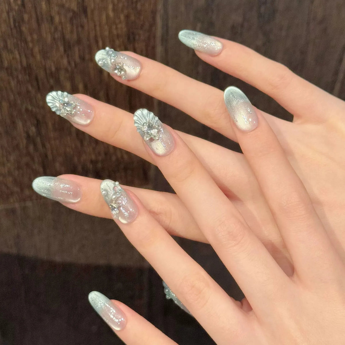 Blue Cat Eye Press On Nails – Star Rhinestone Y2K, 10pcs