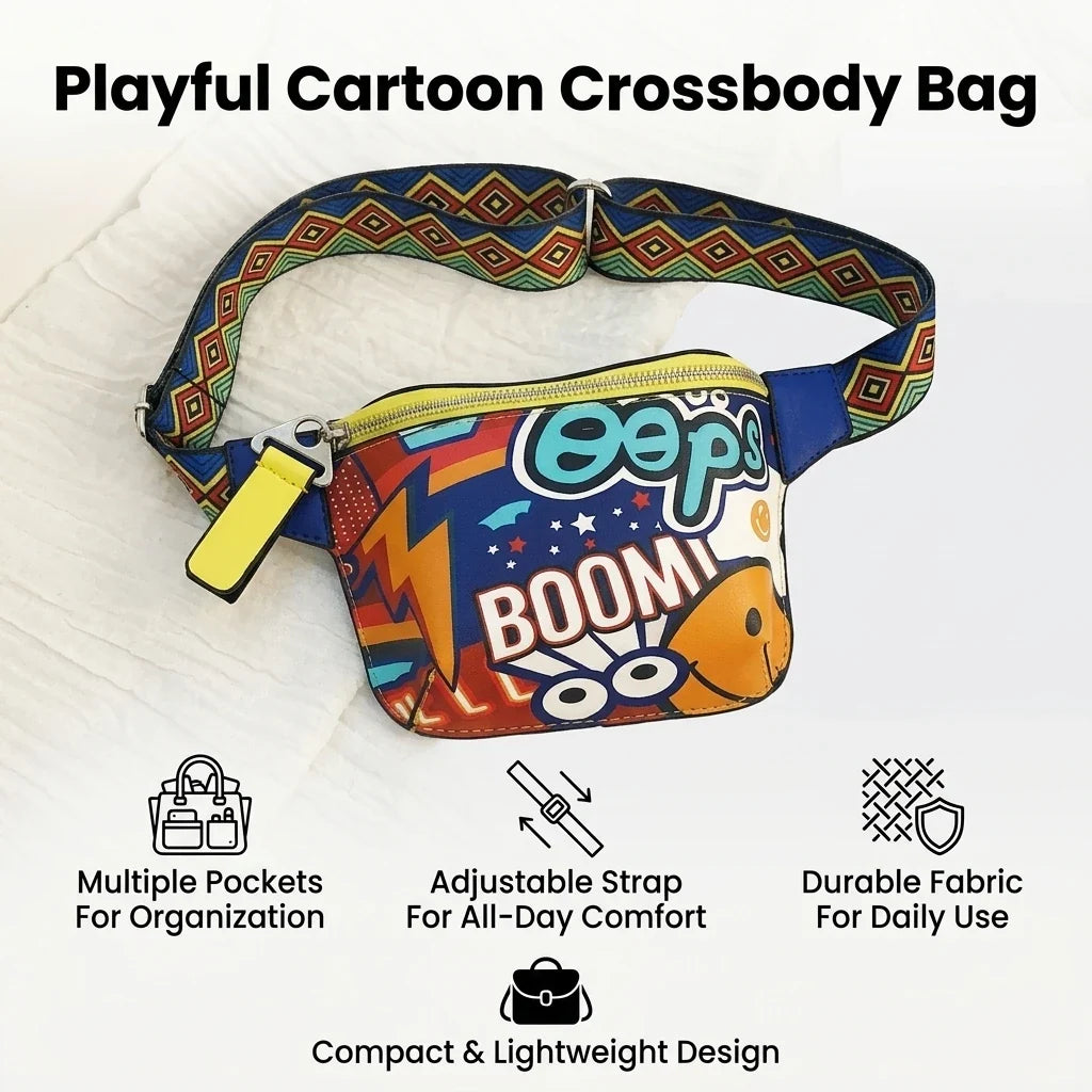Korean Cartoon Crossbody Bag | Adjustable Strap, Multi-Pocket