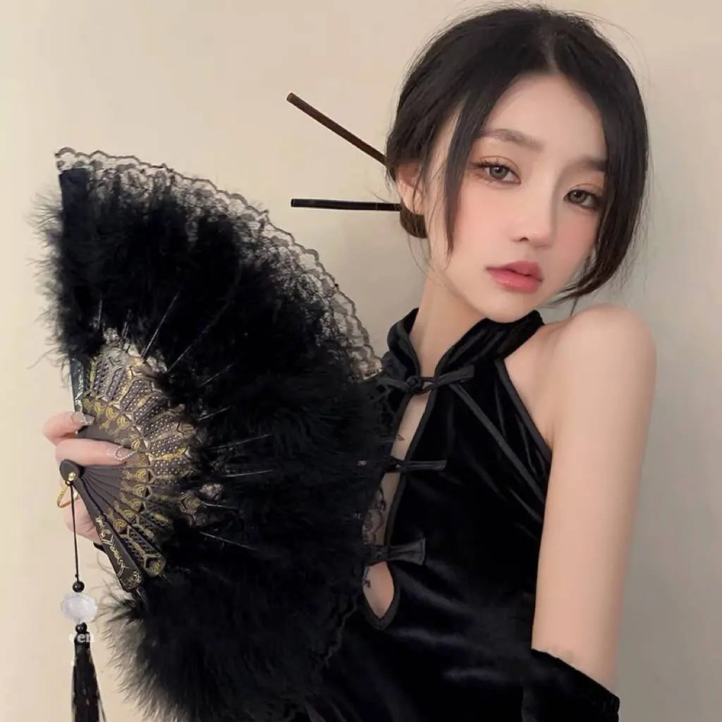 Chinese Vintage Retro Foldable Hand Fan Feathers Lace Folding