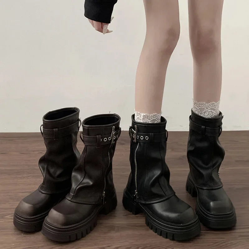 Women's Winter Platform Biker Boots – Belt Buckle Mid-Calf