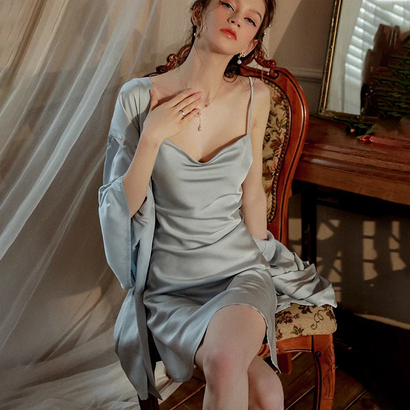 Satin Robe & Nightdress Set – 2-Piece Faux Silk Kimono Sleepwear