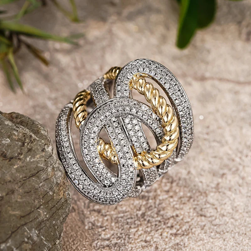 Huitan Two-Tone CZ Cross Ring – Wide Band Women's Jewelry