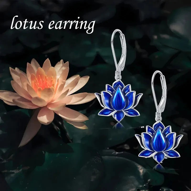 Huitan Blue Lotus Drop Earrings – Silver Tone Fashion Jewelry
