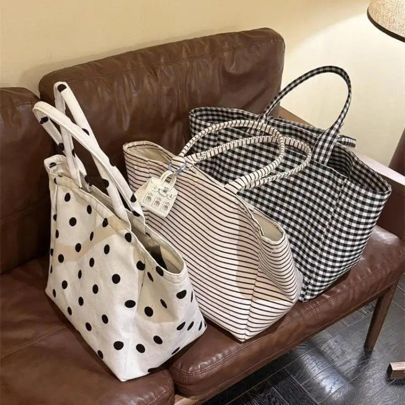Large Canvas Tote Bag – Striped Plaid Shoulder Bag for Women
