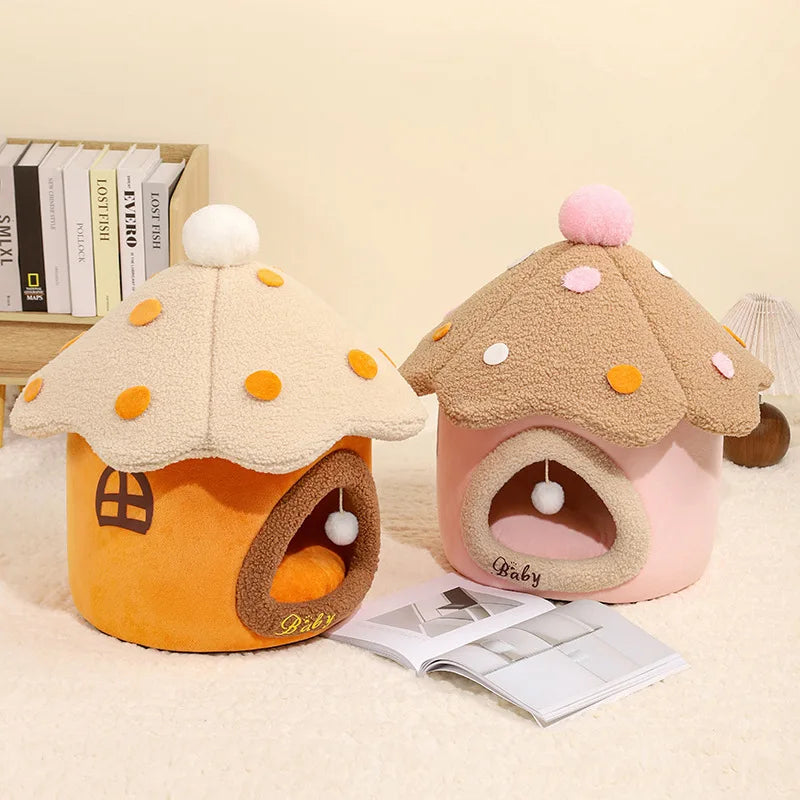 Mushroom House Cat Bed Pet Dog Shelter Winter Closed Warm Detachable