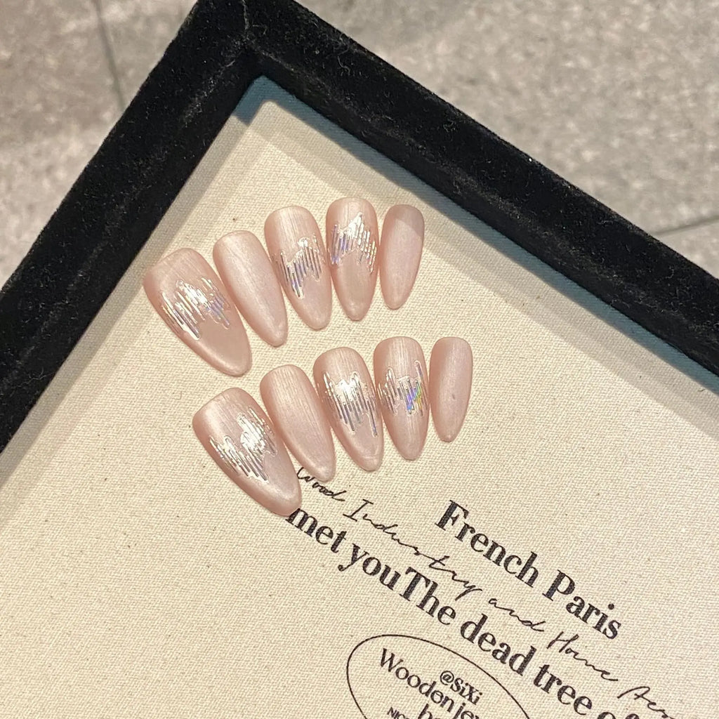 Press-On Nails Cat Eye Almond | Pink Flower Pearl Design
