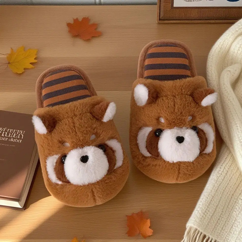 Women's Raccoon Plush Slippers – Cozy Indoor Fur Slides