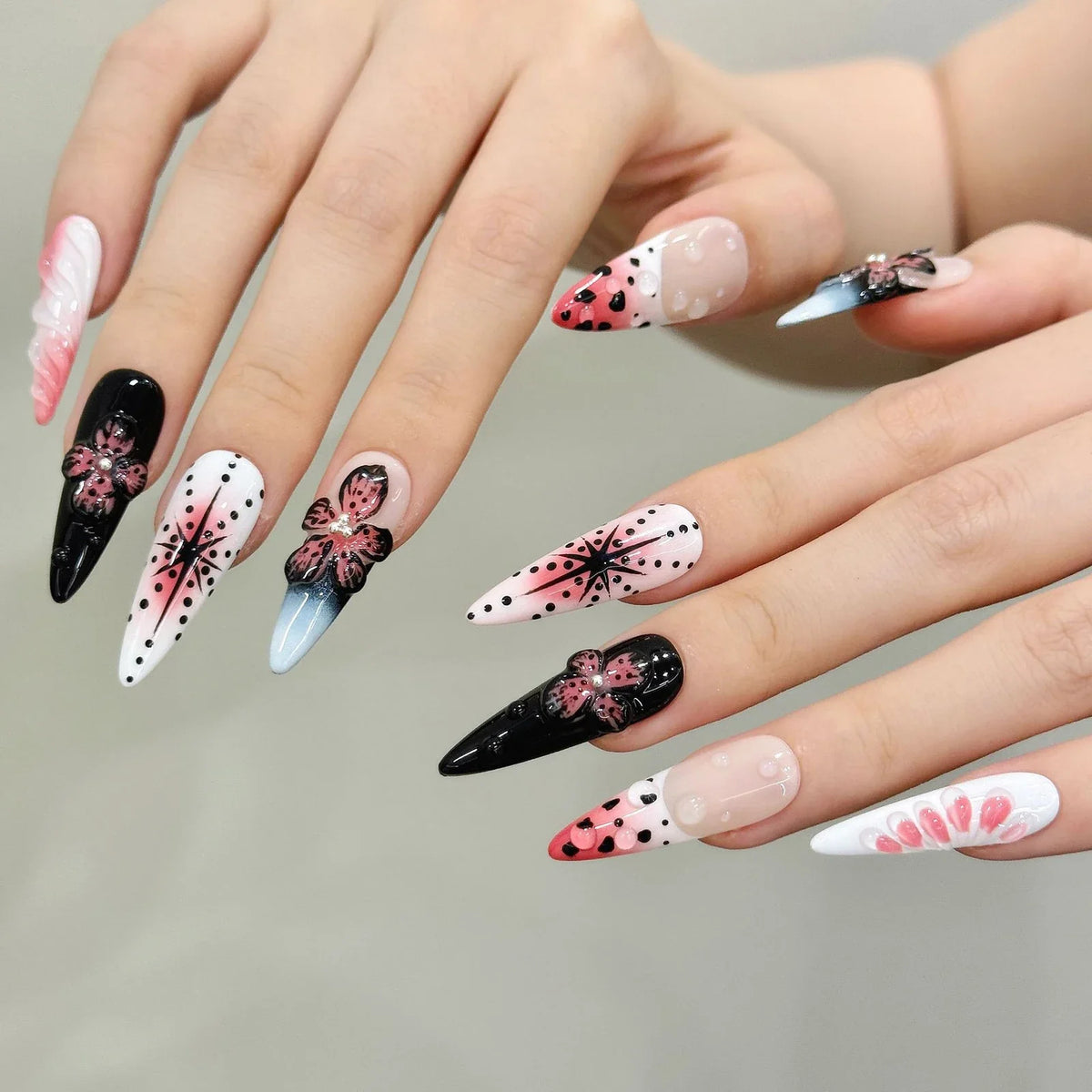 Gothic Y2K Press On Nails | 3D Carved Flower False Nails 10pcs
