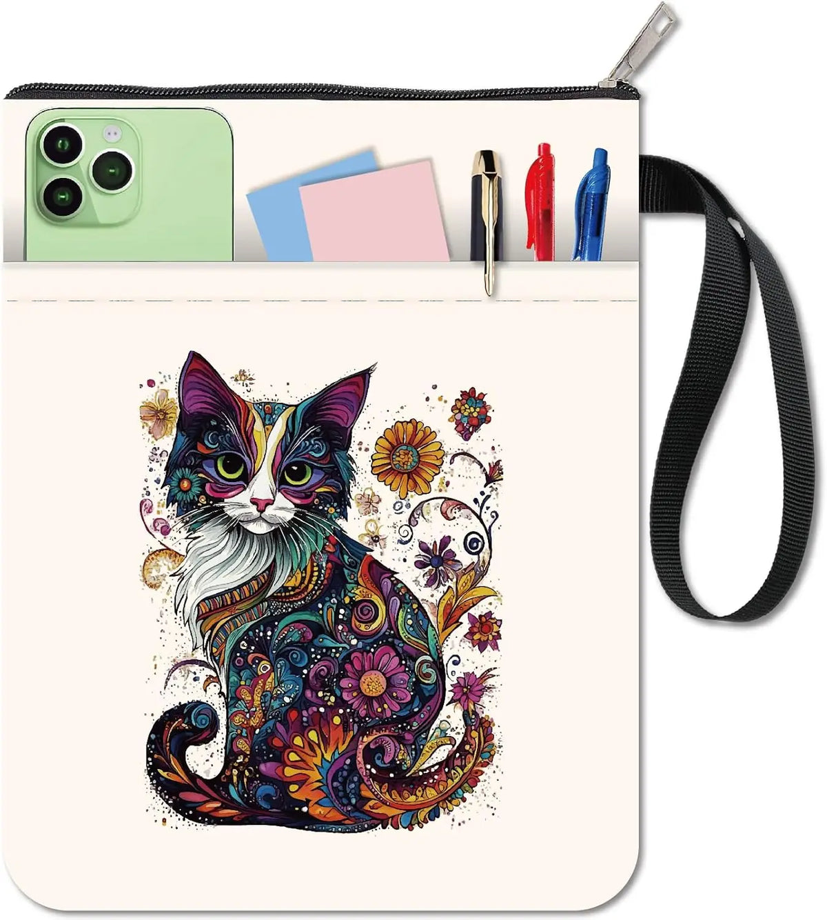 Cat Book Sleeve 11x8.7" – Washable Fabric Cover with Zipper Pocket