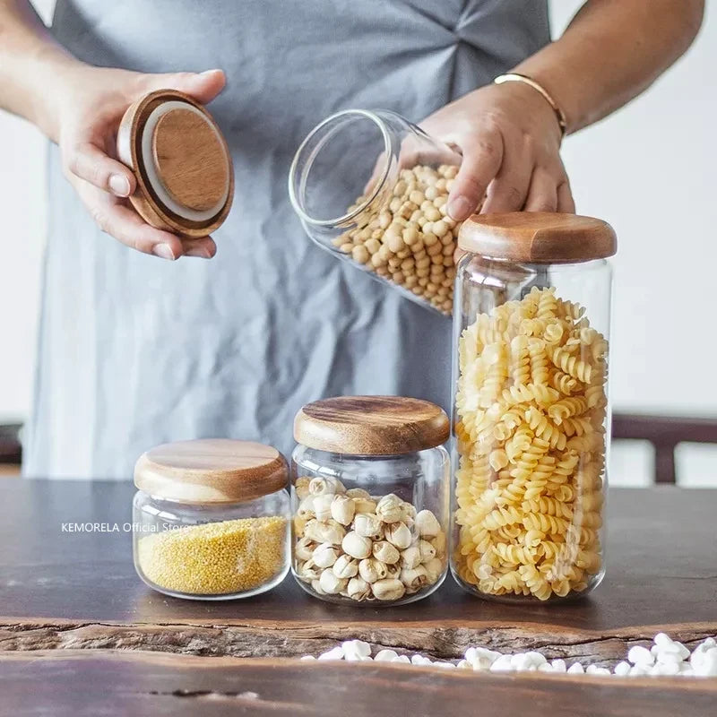 KEMORELA Glass Airtight Storage Jar with Acacia Wood Lid